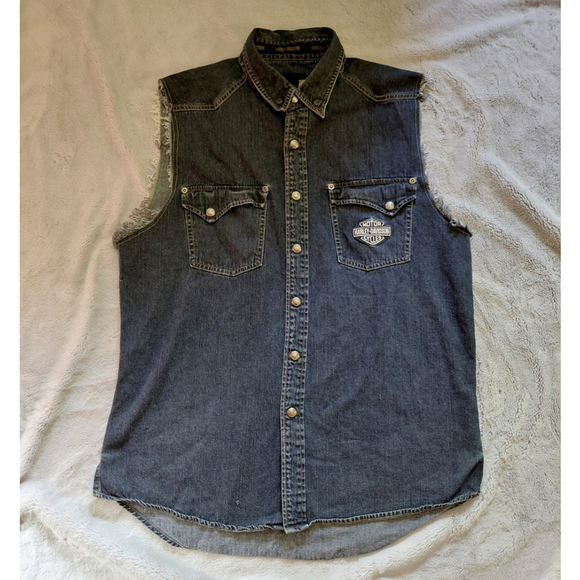 Harley Davidson Sleeveless Distressed Denim Button Shirt Vest Men's Size Large - Picture 8 of 8